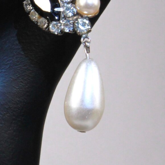 Vintage Silver-Tone Black & Clear Rhinestone Imitation Pearl Drop Earrings - Picture 5 of 8